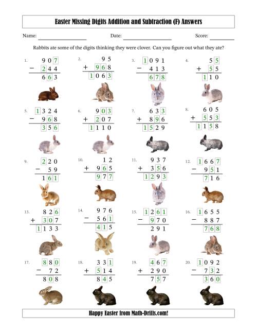 The Easter Missing Digits Addition and Subtraction (Easier Version) (F) Math Worksheet Page 2