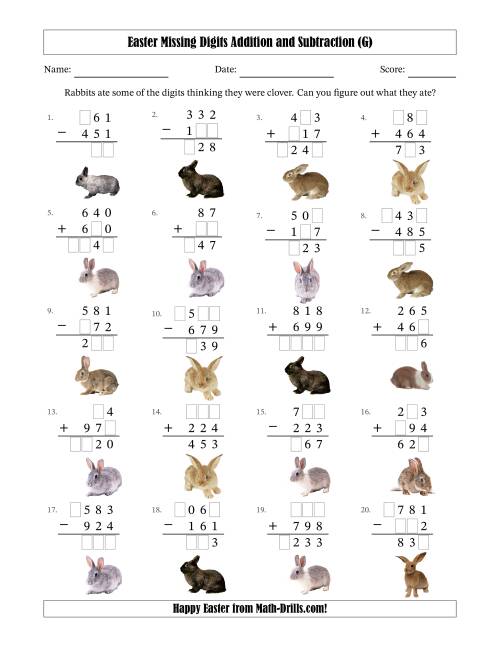 The Easter Missing Digits Addition and Subtraction (Easier Version) (G) Math Worksheet