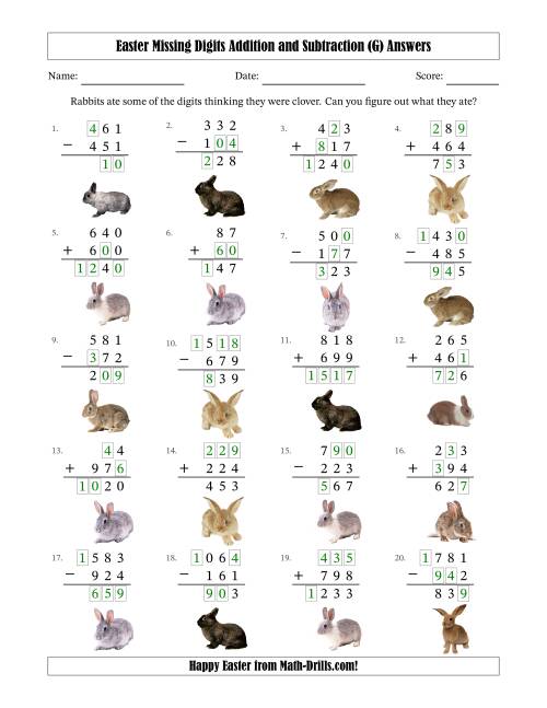 The Easter Missing Digits Addition and Subtraction (Easier Version) (G) Math Worksheet Page 2