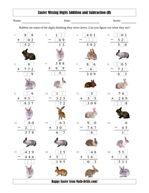 The Easter Missing Digits Addition and Subtraction (Easier Version) (H) Math Worksheet