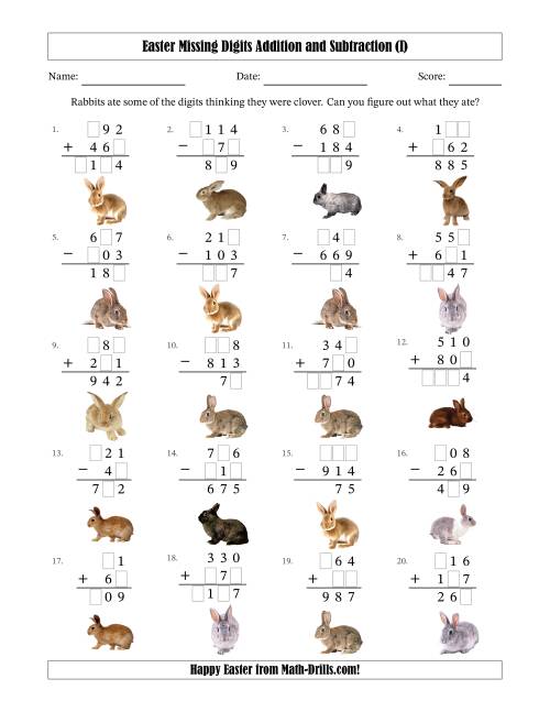 The Easter Missing Digits Addition and Subtraction (Easier Version) (I) Math Worksheet