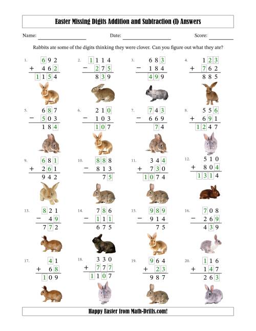 The Easter Missing Digits Addition and Subtraction (Easier Version) (I) Math Worksheet Page 2