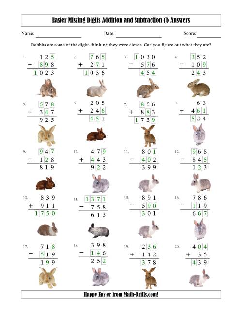 The Easter Missing Digits Addition and Subtraction (Easier Version) (J) Math Worksheet Page 2
