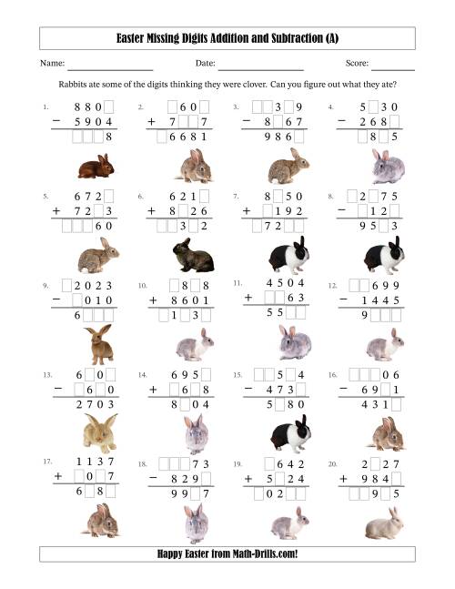The Easter Missing Digits Addition and Subtraction (Harder Version) (A) Math Worksheet