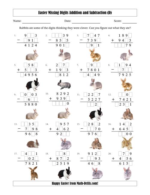 The Easter Missing Digits Addition and Subtraction (Harder Version) (D) Math Worksheet