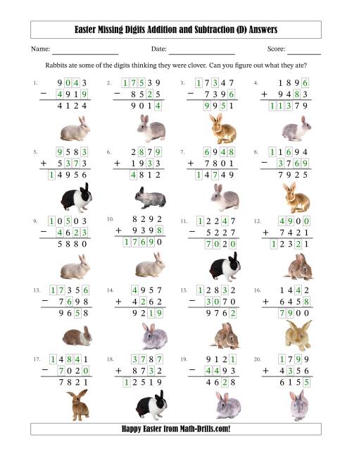 The Easter Missing Digits Addition and Subtraction (Harder Version) (D) Math Worksheet Page 2