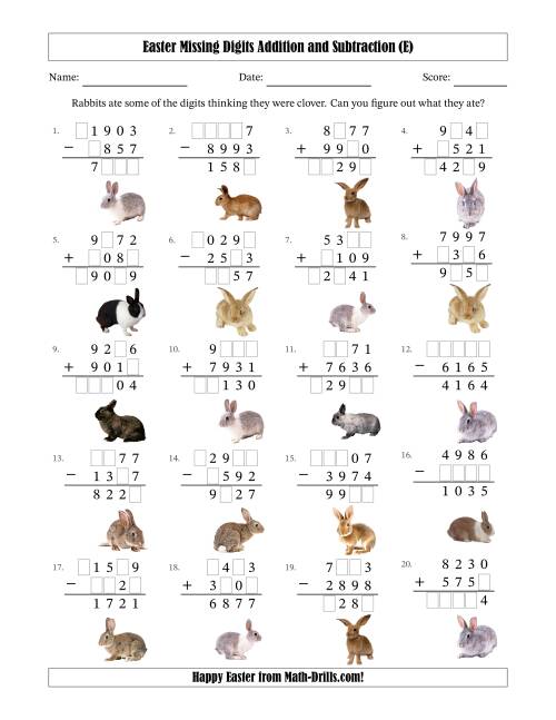 The Easter Missing Digits Addition and Subtraction (Harder Version) (E) Math Worksheet
