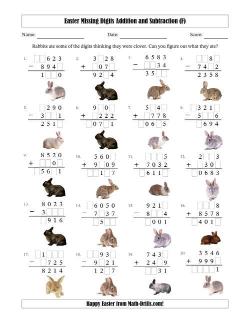 The Easter Missing Digits Addition and Subtraction (Harder Version) (F) Math Worksheet