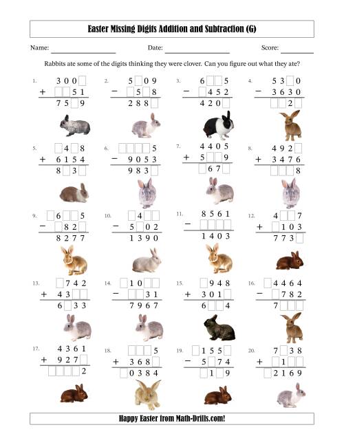 The Easter Missing Digits Addition and Subtraction (Harder Version) (G) Math Worksheet