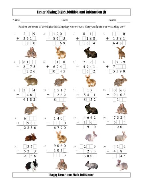 The Easter Missing Digits Addition and Subtraction (Harder Version) (I) Math Worksheet