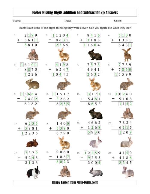 The Easter Missing Digits Addition and Subtraction (Harder Version) (I) Math Worksheet Page 2