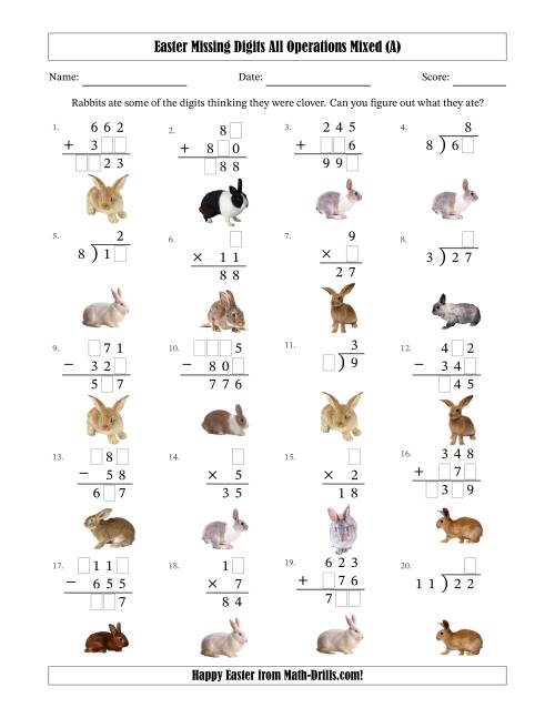 The Easter Missing Digits All Operations Mixed (Easier Version) (A) Math Worksheet