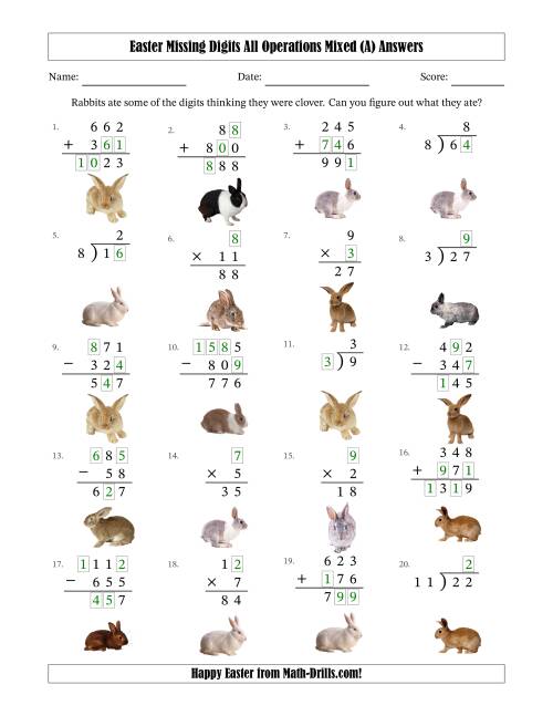 The Easter Missing Digits All Operations Mixed (Easier Version) (A) Math Worksheet Page 2