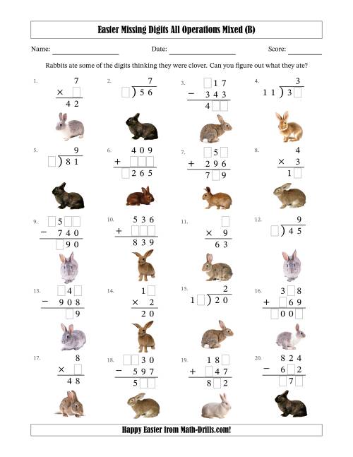 The Easter Missing Digits All Operations Mixed (Easier Version) (B) Math Worksheet