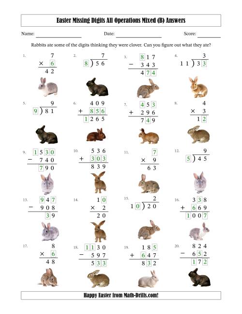 The Easter Missing Digits All Operations Mixed (Easier Version) (B) Math Worksheet Page 2