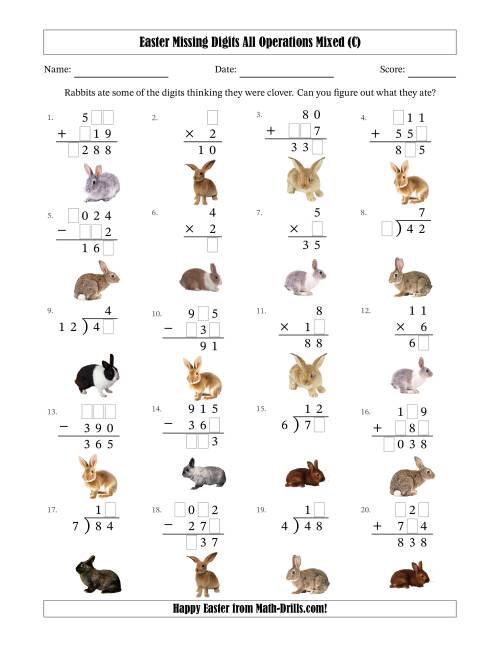The Easter Missing Digits All Operations Mixed (Easier Version) (C) Math Worksheet
