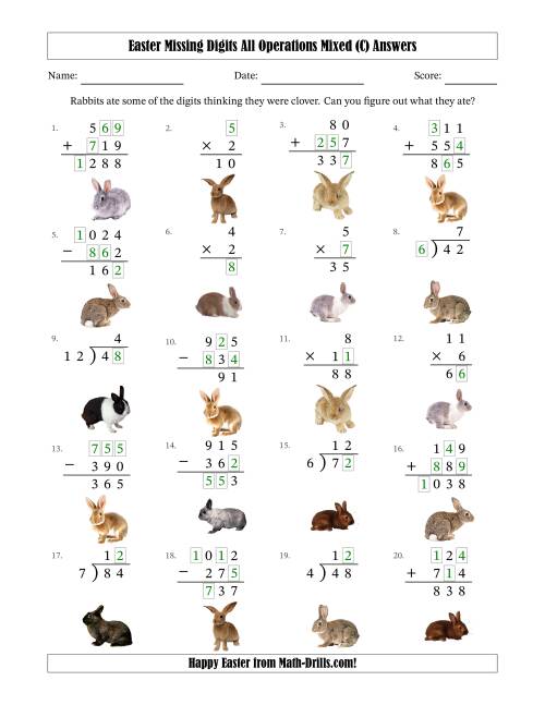 The Easter Missing Digits All Operations Mixed (Easier Version) (C) Math Worksheet Page 2