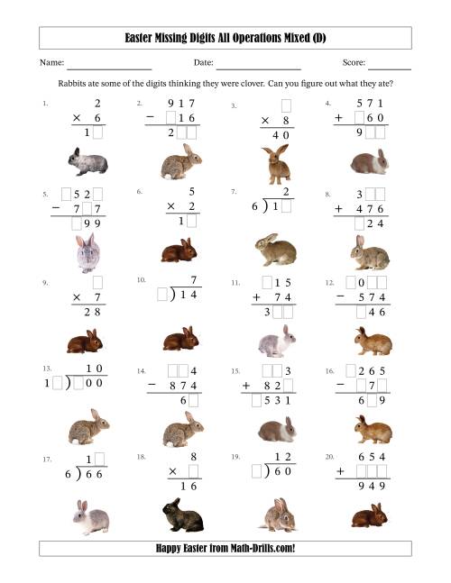 The Easter Missing Digits All Operations Mixed (Easier Version) (D) Math Worksheet