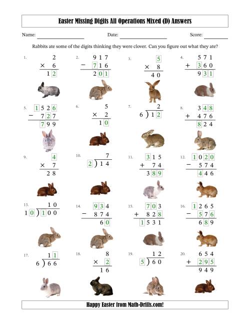 The Easter Missing Digits All Operations Mixed (Easier Version) (D) Math Worksheet Page 2
