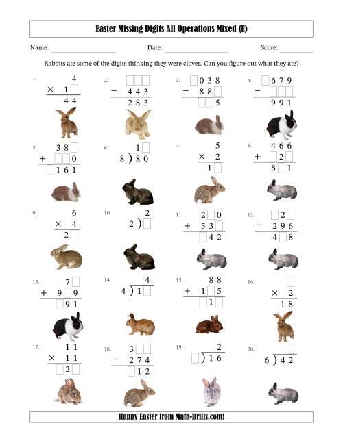 The Easter Missing Digits All Operations Mixed (Easier Version) (E) Math Worksheet