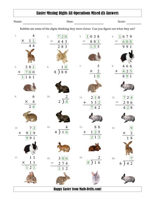 The Easter Missing Digits All Operations Mixed (Easier Version) (E) Math Worksheet Page 2