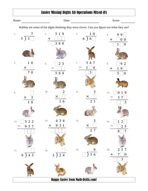 The Easter Missing Digits All Operations Mixed (Easier Version) (F) Math Worksheet