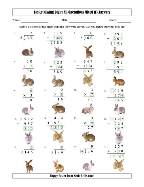 The Easter Missing Digits All Operations Mixed (Easier Version) (F) Math Worksheet Page 2