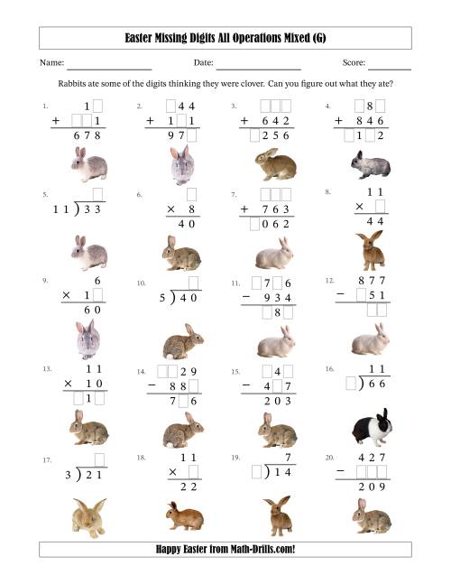 The Easter Missing Digits All Operations Mixed (Easier Version) (G) Math Worksheet