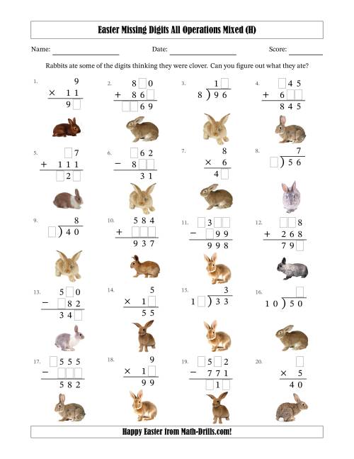 The Easter Missing Digits All Operations Mixed (Easier Version) (H) Math Worksheet