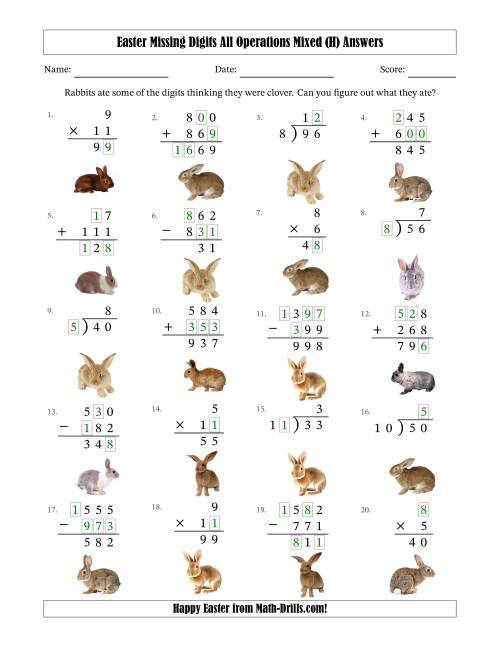 The Easter Missing Digits All Operations Mixed (Easier Version) (H) Math Worksheet Page 2