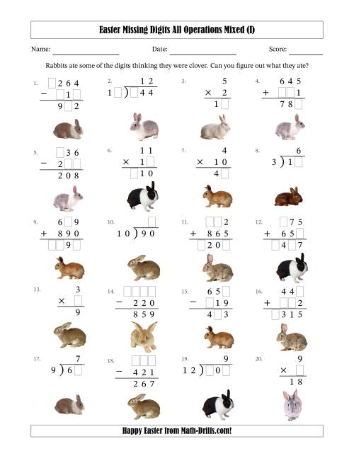 The Easter Missing Digits All Operations Mixed (Easier Version) (I) Math Worksheet