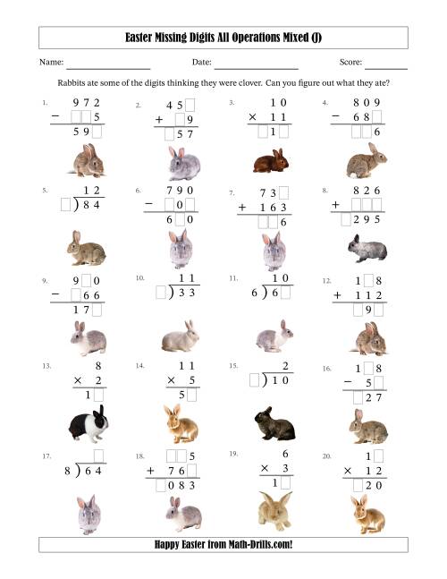 The Easter Missing Digits All Operations Mixed (Easier Version) (J) Math Worksheet