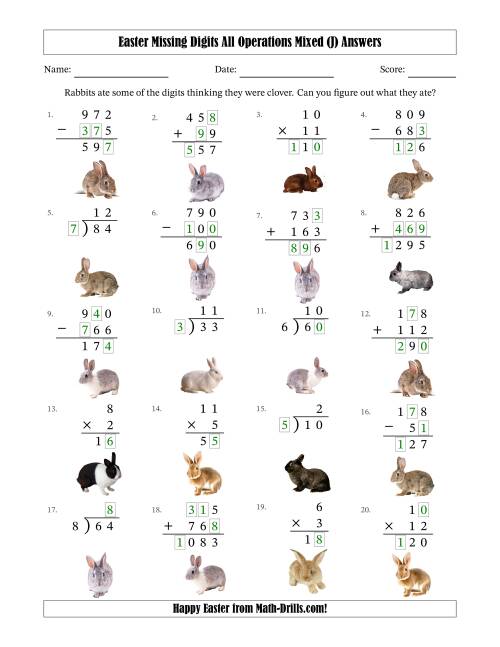 The Easter Missing Digits All Operations Mixed (Easier Version) (J) Math Worksheet Page 2