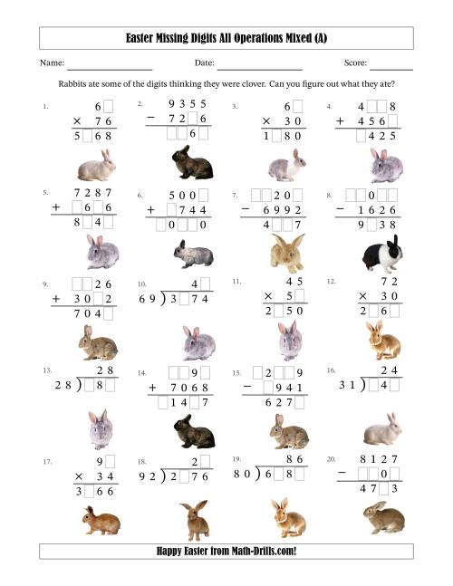 The Easter Missing Digits All Operations Mixed (Harder Version) (A) Math Worksheet