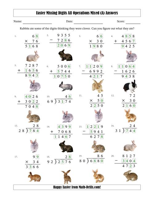 The Easter Missing Digits All Operations Mixed (Harder Version) (A) Math Worksheet Page 2