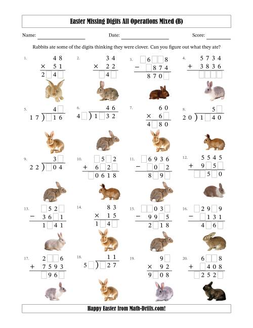 The Easter Missing Digits All Operations Mixed (Harder Version) (B) Math Worksheet