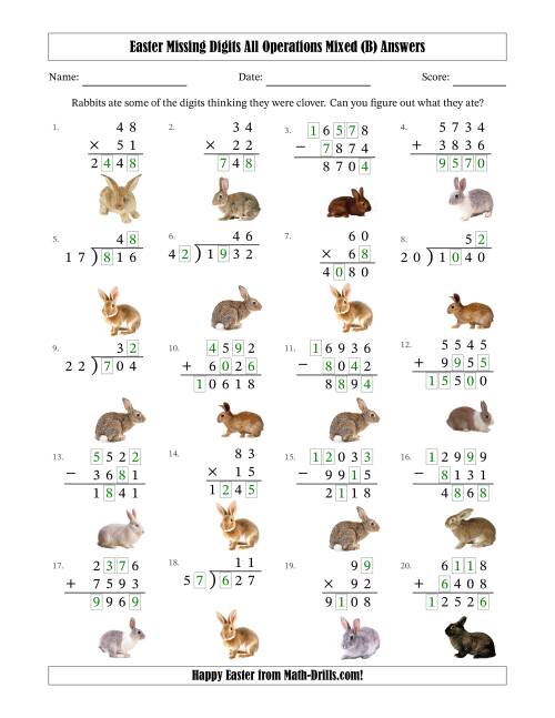 The Easter Missing Digits All Operations Mixed (Harder Version) (B) Math Worksheet Page 2
