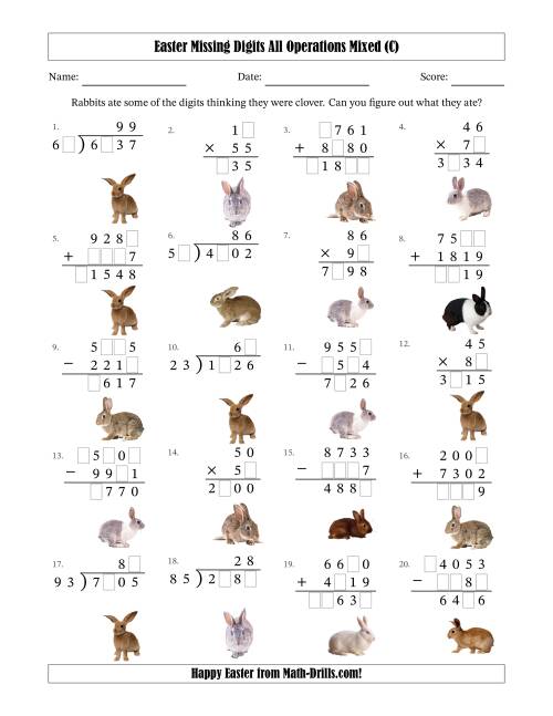 The Easter Missing Digits All Operations Mixed (Harder Version) (C) Math Worksheet