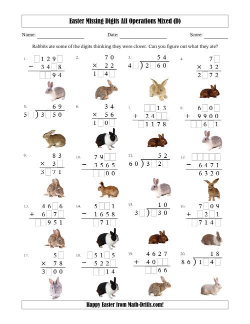The Easter Missing Digits All Operations Mixed (Harder Version) (D) Math Worksheet