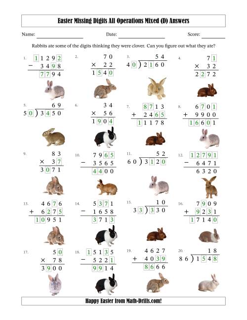 The Easter Missing Digits All Operations Mixed (Harder Version) (D) Math Worksheet Page 2