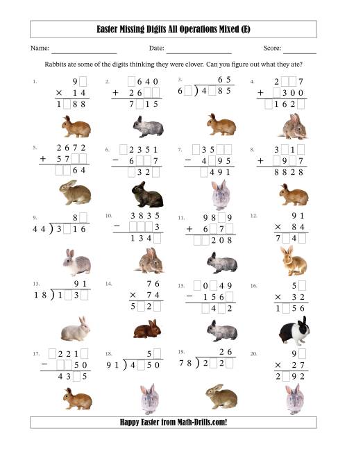 The Easter Missing Digits All Operations Mixed (Harder Version) (E) Math Worksheet