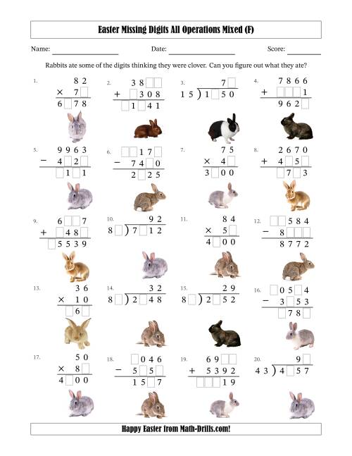The Easter Missing Digits All Operations Mixed (Harder Version) (F) Math Worksheet