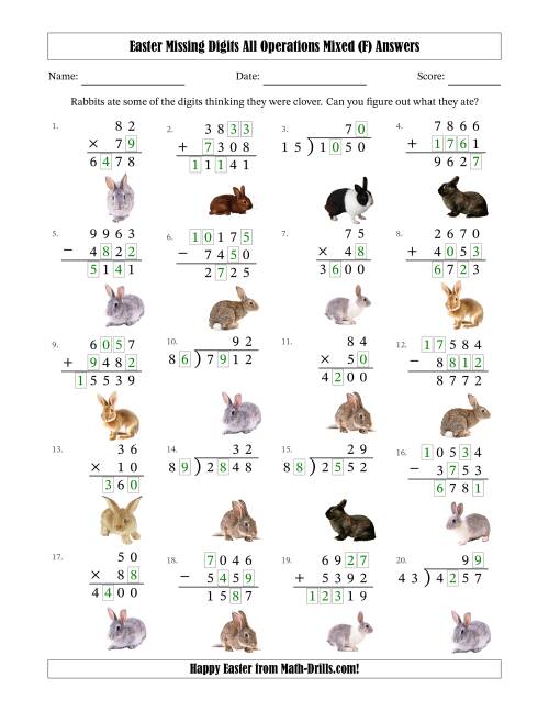 The Easter Missing Digits All Operations Mixed (Harder Version) (F) Math Worksheet Page 2