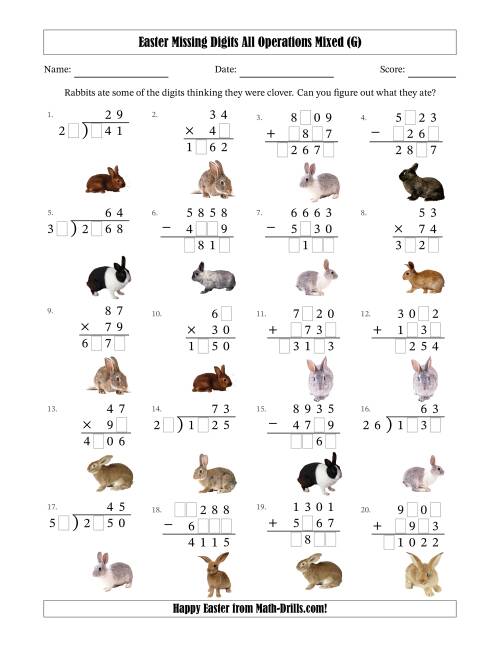 The Easter Missing Digits All Operations Mixed (Harder Version) (G) Math Worksheet