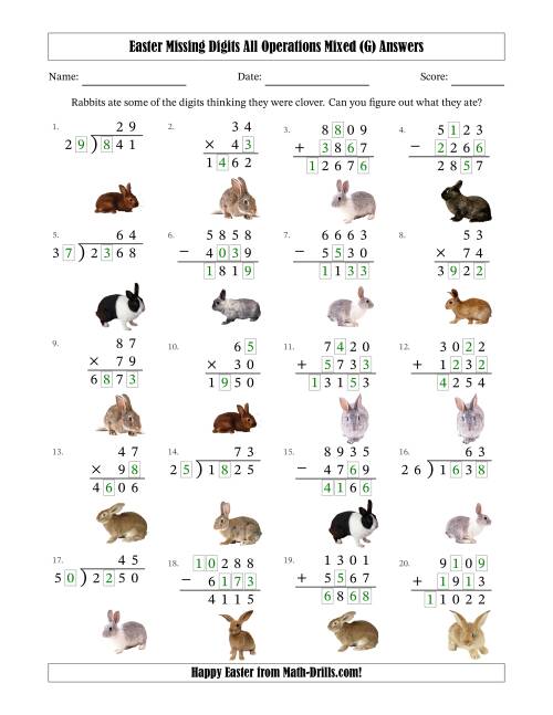 The Easter Missing Digits All Operations Mixed (Harder Version) (G) Math Worksheet Page 2
