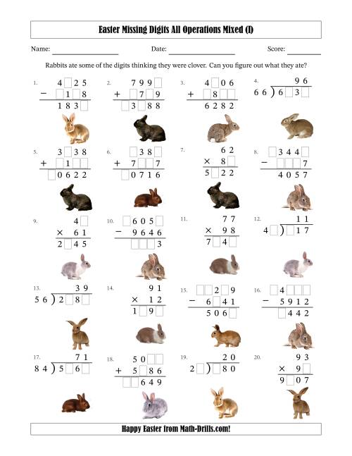 The Easter Missing Digits All Operations Mixed (Harder Version) (I) Math Worksheet