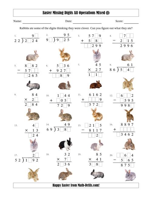 The Easter Missing Digits All Operations Mixed (Harder Version) (J) Math Worksheet