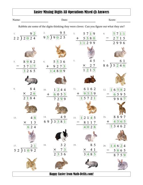 The Easter Missing Digits All Operations Mixed (Harder Version) (J) Math Worksheet Page 2