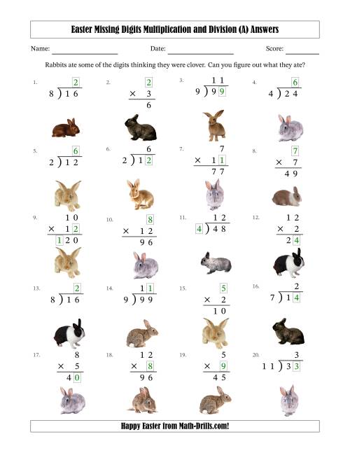 The Easter Missing Digits Multiplication and Division (Easier Version) (A) Math Worksheet Page 2