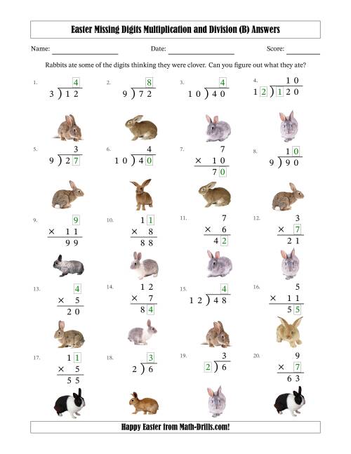 The Easter Missing Digits Multiplication and Division (Easier Version) (B) Math Worksheet Page 2